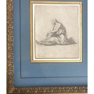 David Jacques Louis (1748-1825) "seated Woman" Gray Wash Drawing, Initialed/lugt, 18th Frame