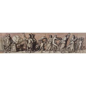 French School Late 18th Century "allegorical Scene" Pen Drawing, Brown Wash And Watercolor