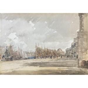 Sabatier François Victor (1823-1891) "view Of Concarneau" Drawing/pen & Watercolor, Signed, Dated