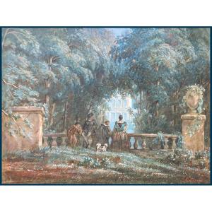 Lavaud Henry (born In 1816) Student Of Corot "figures In A Park" Gouache Drawing, Signed