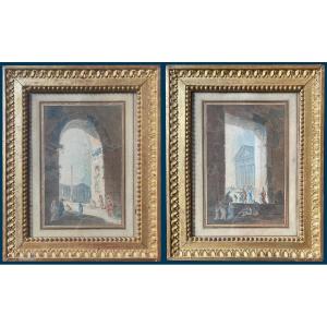 Chatelet Claude Louis (1753-1795) "two Animated Landscapes" Pair Of Drawings/pen, Watercolor, Frames