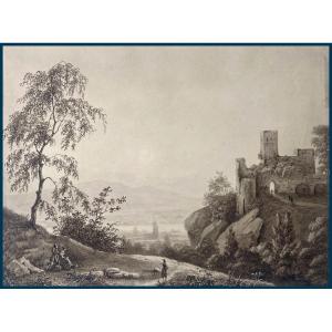 De l'Epinois Pierre (1779-1848) "animated Landscape" Brown Wash Drawing