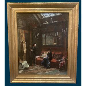 French School 19th Century "visit To The Painter" Oil On Canvas