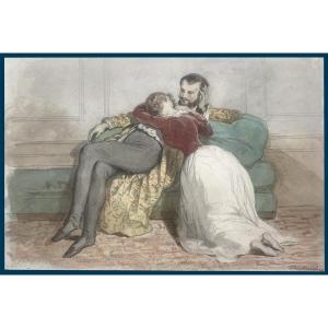 Detouche Paul Emile Dit Destouches Dampierre (1794-1874) "the Lovers" Drawing/pencil, Watercolor