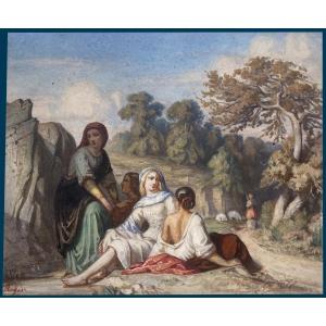 Roger Adolphe (1800-1880) "landscape With Seated Women" Watercolor Drawing, Signed