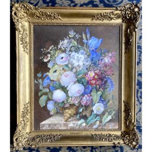 Girardin Pauline Née Joannis (1818-1894) Student Of Redouté "flowers" Watercolor/vellum, Signed, Frame
