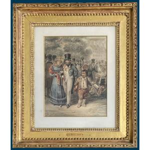Bellangé Hippolyte (1800-1866) "street Scene" Drawing/watercolor, Signed And Dated, Beautiful 19th Century Frame