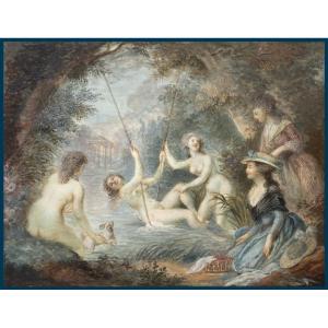 French School Late 18th Century "the Swing" Drawing, Gouache On Vellum