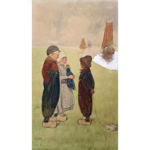 Vallet Louis (1853-1929) "children" Drawing In Black Pencil, Watercolor, White Gouache, Signed