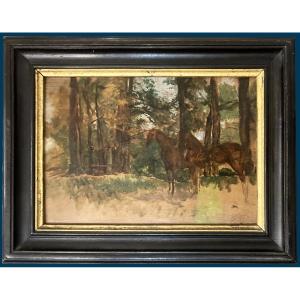 Meissonier Ernest (1815-1891) "landscape With Horses" Oil/panel, Signed/monogram, Sale/stamp