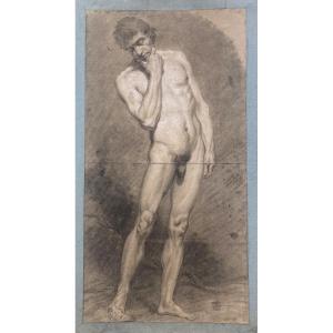 18th Century French School "academy Of Man" Drawing In Black Chalk And White Chalk