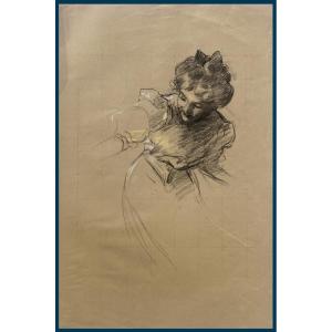 Tessier Louis Adolphe (1858-1915) "an Elegant Woman" Drawing/black Pencil, White Chalk, Pastel