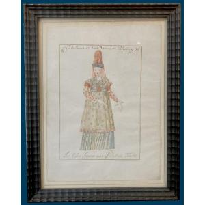French School 17th Century "lady Of Palestine" Drawing/gouache On Vellum, Framed