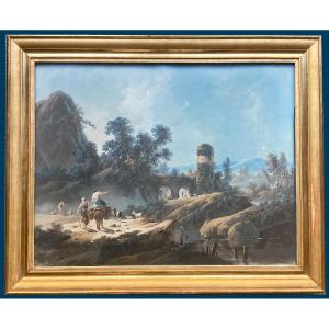 Pillement Jean-baptiste (1728-1808) "animated Landscape" Pastel Drawing, Signed And Dated, 19th Century Frame