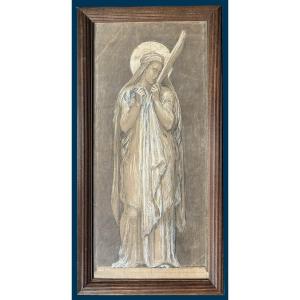 Borel Paul (1828-1913) "sainte Lydie" Drawing/black Pencil, White Gouache, Signed And Dated, Frame