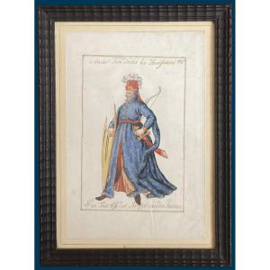 French School 17th Century "turkish Archer, Janissary" Drawing/gouache On Vellum, Frame