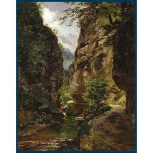André Giroux (1801-1874) "the Gorges" Oil On Canvas, 19th-century Period Frame