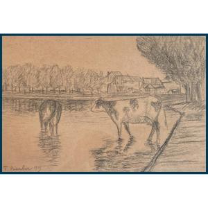 Picabia Francis (1879-1953) "cows By The River" Drawing/black Pencil, Signed, Dated, Framed