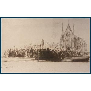 Hippolyte Flandrin (1809-1864) "procession In Front Of A Church" Drawing/pen,wash, Signed/stamp