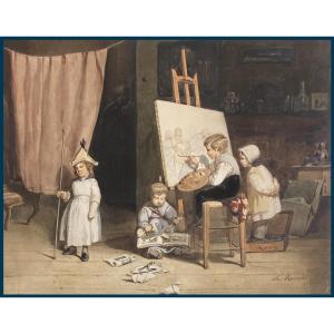 Ramelet Charles (1805-1851) "the Young Painter" Watercolor, Signed