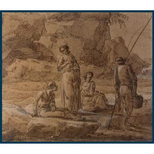 Vernet Joseph (1714-1789) Attributed To, "figures And Fisherman" Drawing/ Pen And Brown Wash
