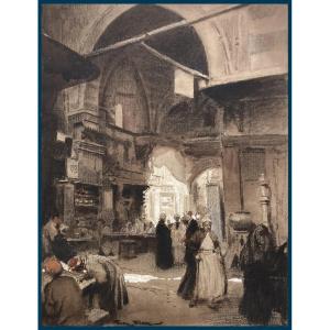 Georges Scott(1873-1943)"the Cairo Bazaar"drawing/black Pencil,watercolor,gouache,signed,framed