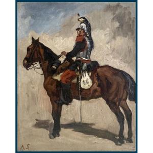 Auguste Lançon (1836-1885) "a Cuirassier" Oil On Canvas, Monogrammed
