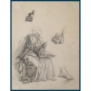 Janmot Louis (1814-1892) "draped Man, Study Of Hand And Feet" Drawing/black Pencil, Signed