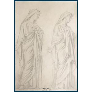 Flandrin Hippolyte (1809-1864) Student Of Ingres "draped Woman" Drawing/black Pencil, Stamp