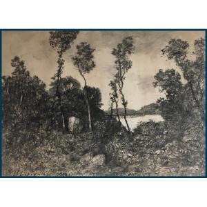 Harpignies Henri (1819-1916) "landscape Le Cap Martin" Drawing In Black Pencil And White Chalk, Signed