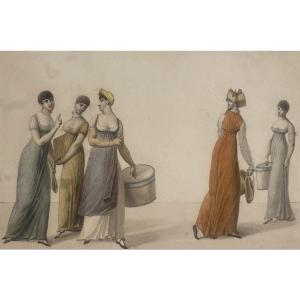 Pasquier Pierre (1731-1806) "working Women's Encounters In Fashion" Drawing/watercolor, Signed, Located, Dated