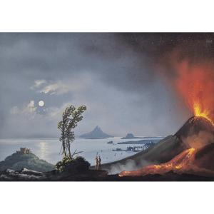 Italian School, Mid-19th Century "night Eruption" Neapolitan Gouache