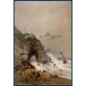 Jules Noël (1810-1881) "marine" Watercolor And White Gouache, Signed