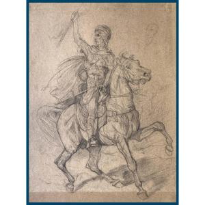 Fromentin Eugène (1820-1876) "arab Horseman" Black Pencil Drawing, Sale Stamp