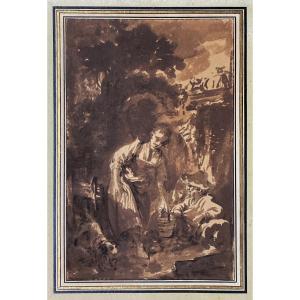 François Boucher (1703-1770) "figures & Dog" Brown Wash Drawing,provenance/authenticity, Framed