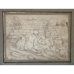 French School 16th Century "the Holy Family" Pen And Ink Drawing