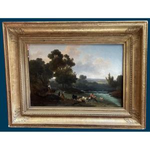 French School, Late 18th Century "animated Landscape" Oil On Canvas