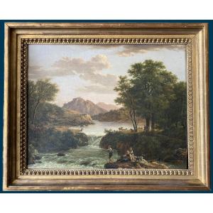 Jean-pierre Bidauld (1745-1813) "animated Landscape By The River" Oil On Canvas, Signed, Framed