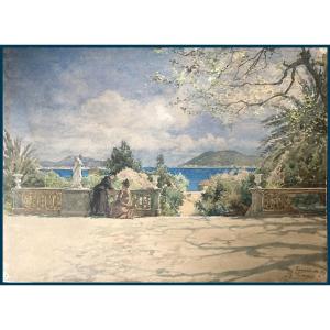 Trayer Jules (1824-1908) "terrace Of Michel Pacha's Castle At Tamaris" Drawing/watercolor, Signed