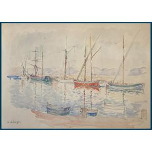 Henri Lebasque (1865-1937) "boats In The Port" Drawing In Black Pencil And Watercolor, Signed