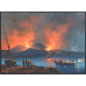 Camillo Da Vito (1790-1835) "night Eruption Of Vesuvius" Gouache, Signed, 19th Century Frame