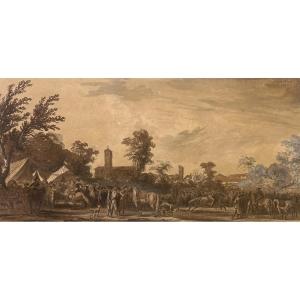 French School, 18th Century "figures And Horses" Drawing/pen, Brown Wash And White Highlights
