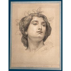 Barrias Félix (1822-1907) "woman's Head" Drawing/black Pencil,red & White Chalk, Signed