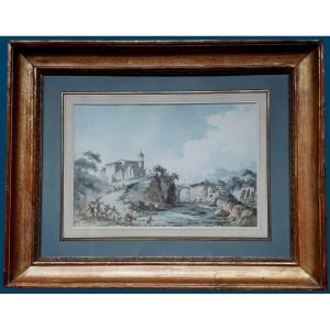 Chatelet Claude Louis (1753-1795) "landscape Of Italy" Drawing/pen And Watercolor, 19th Frame