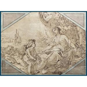 French School, Early 18th Century "allegory Of Abundance" Drawing/pen,brown Wash,antique Mount
