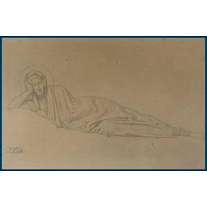 Flandrin Hippolyte (1809-1864) "saint Reclining" Black Pencil Drawing, Bears Stamp