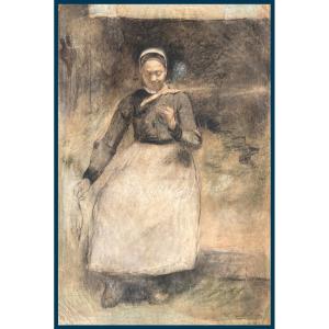 Milcendeau Charles (1872-1919) "woman At Work" Drawing/black Pencil, Pastel, Signed And Dated