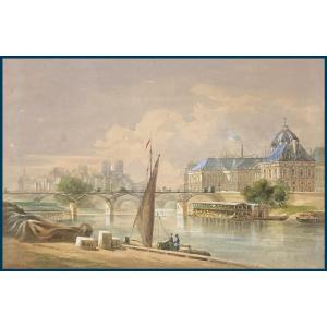 Nimmo Edwart (19th Century) "le Pont Des Arts, Paris" Watercolor, Signed And Dated