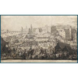Huguet Jean-françois (1679-1749) Architecte Du Roi "market Scene" Drawing/pen,watercolor,signed