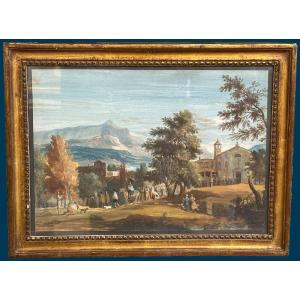 Ricci Marco (1676-1729) "procession Scene" Drawing/gouache, Giltwood Frame From Late 18th